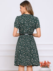 Peter Pan Collar Tie Neck Short Sleeve A-Line Belted Floral Dress