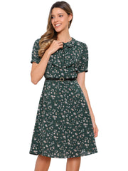 Peter Pan Collar Tie Neck Short Sleeve A-Line Belted Floral Dress