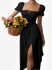 Flattering A-Line Silhouette with Asymmetrical Ruches Puff Sleeve Solid Color Ruched Midi A-Line Date Nights & Garden Parties Dress