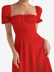 Flattering A-Line Silhouette with Asymmetrical Ruches Puff Sleeve Solid Color Ruched Midi A-Line Date Nights & Garden Parties Dress