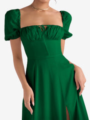 Flattering A-Line Silhouette with Asymmetrical Ruches Puff Sleeve Solid Color Ruched Midi A-Line Date Nights & Garden Parties Dress
