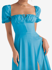 Flattering A-Line Silhouette with Asymmetrical Ruches Puff Sleeve Solid Color Ruched Midi A-Line Date Nights & Garden Parties Dress