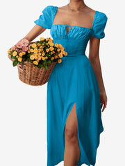 Flattering A-Line Silhouette with Asymmetrical Ruches Puff Sleeve Solid Color Ruched Midi A-Line Date Nights & Garden Parties Dress