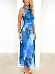 Lightweight Summer Floral Printed Mesh Sleeveless Slit Bodycon Maxi Dress for Beach Parties