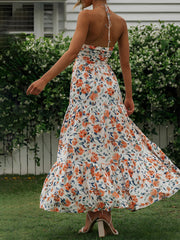 Halter Neck Backless Ruched Tiered Maxi Dress