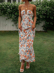 Halter Neck Backless Ruched Tiered Maxi Dress