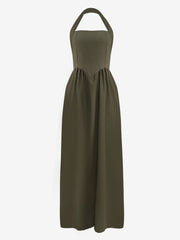 Halter Neck Backless Pocketed A-Line Midi Dress