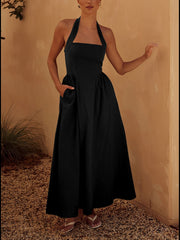 Halter Neck Backless Pocketed A-Line Midi Dress