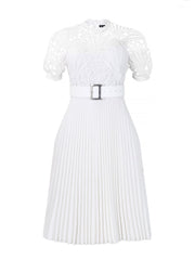 Elegant Vintage-Inspired Lace Patchwork Belted Pleated Midi Dress