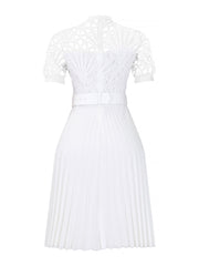 Elegant Vintage-Inspired Lace Patchwork Belted Pleated Midi Dress