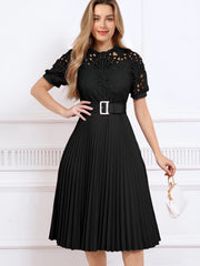 Elegant Vintage-Inspired Lace Patchwork Belted Pleated Midi Dress