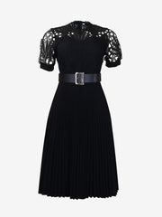 Elegant Vintage-Inspired Lace Patchwork Belted Pleated Midi Dress