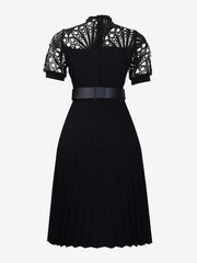 Elegant Vintage-Inspired Lace Patchwork Belted Pleated Midi Dress