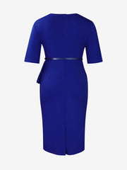 Classic Slim Fit Solid Color Short Sleeves Belted Midi Sheath Work Dress