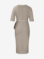 Classic Slim Fit Solid Color Short Sleeves Belted Midi Sheath Work Dress