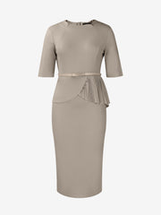 Classic Slim Fit Solid Color Short Sleeves Belted Midi Sheath Work Dress
