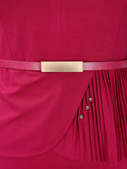 Classic Slim Fit Solid Color Short Sleeves Belted Midi Sheath Work Dress