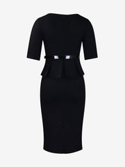 Short Sleeve Peplum Belted Midi Sheath Dress