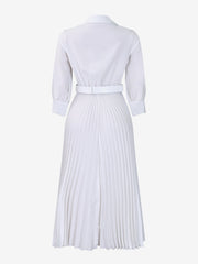 Elegant Solid Color Shirt Tailored Collar Pleated Belted Midi Dress