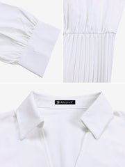 Elegant Solid Color Shirt Tailored Collar Pleated Belted Midi Dress