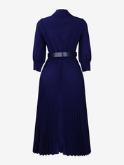 Elegant Solid Color Shirt Tailored Collar Pleated Belted Midi Dress