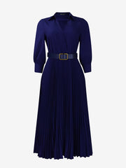 Elegant Solid Color Shirt Tailored Collar Pleated Belted Midi Dress