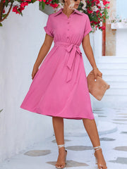 Tailored Collar & Adjustable Waist Solid Color Short Sleeves Lace-Up Midi Shirt Office Dress