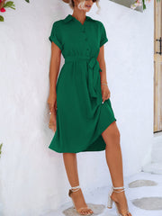 Tailored Collar & Adjustable Waist Solid Color Short Sleeves Lace-Up Midi Shirt Office Dress