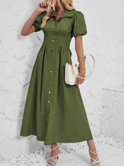 Puff Sleeve Button Down Solid Color Shirt Dress