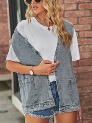 Casual Pocketed Sleeveless Button Waistcoat Denim Vest