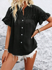 Ruffled Short Sleeve Button Solid Color Casual Blouse