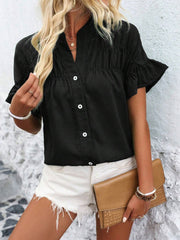 Ruffled Short Sleeve Button Solid Color Casual Blouse