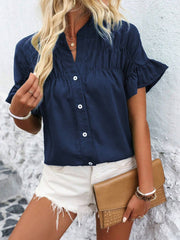 Ruffled Short Sleeve Button Solid Color Casual Blouse