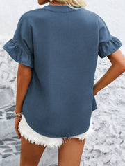 Ruffled Short Sleeve Button Solid Color Casual Blouse