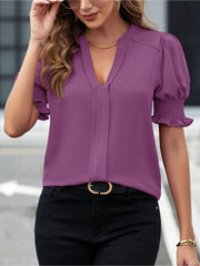 Flattering Smocked Puff Sleeve Solid Color Casual Blouse for Office and Weekend Wear