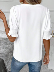 Flattering Smocked Puff Sleeve Solid Color Casual Blouse for Office and Weekend Wear