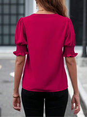 Flattering Smocked Puff Sleeve Solid Color Casual Blouse for Office and Weekend Wear