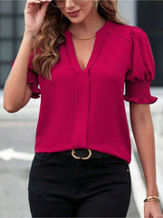 Flattering Smocked Puff Sleeve Solid Color Casual Blouse for Office and Weekend Wear