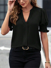 Flattering Smocked Puff Sleeve Solid Color Casual Blouse for Office and Weekend Wear