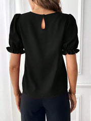 Adjustable Elastic Cuff Solid Color Round Neck Puff Sleeves Blouse