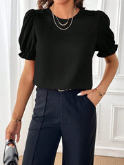 Adjustable Elastic Cuff Solid Color Round Neck Puff Sleeves Blouse