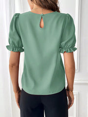 Adjustable Elastic Cuff Solid Color Round Neck Puff Sleeves Blouse