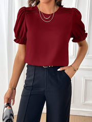 Adjustable Elastic Cuff Solid Color Round Neck Puff Sleeves Blouse