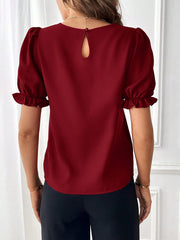 Adjustable Elastic Cuff Solid Color Round Neck Puff Sleeves Blouse
