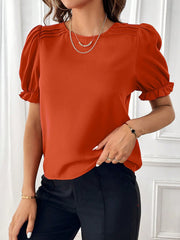 Adjustable Elastic Cuff Solid Color Round Neck Puff Sleeves Blouse