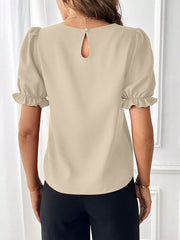 Adjustable Elastic Cuff Solid Color Round Neck Puff Sleeves Blouse