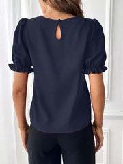 Adjustable Elastic Cuff Solid Color Round Neck Puff Sleeves Blouse