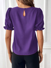 Adjustable Elastic Cuff Solid Color Round Neck Puff Sleeves Blouse