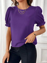 Adjustable Elastic Cuff Solid Color Round Neck Puff Sleeves Blouse
