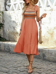 Bohemian Floral Embroidery Boho Sleeveless Tiered Midi Beach Dress Sundress